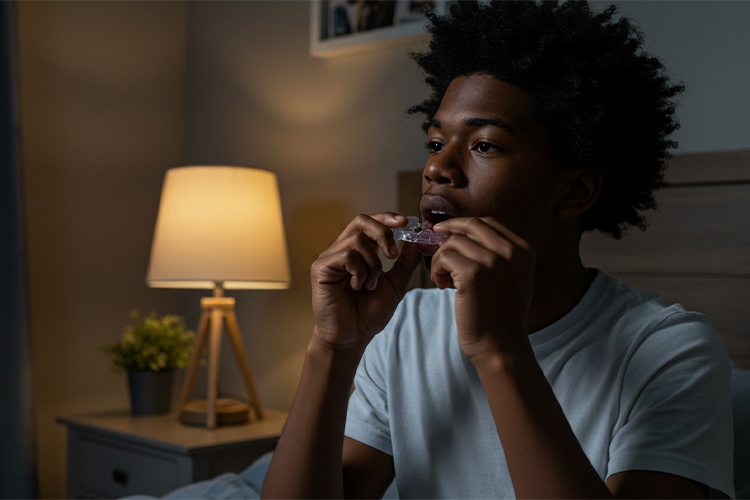 a teenager putting a night guard in his mouth before bed time.