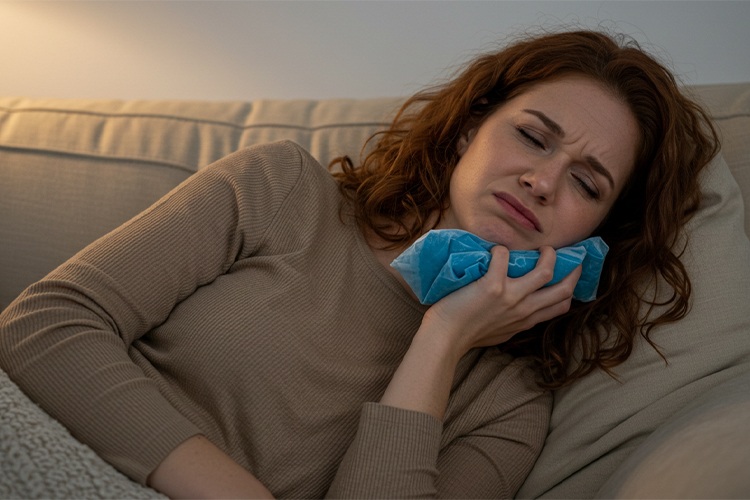 not able to cure TMJ permanently, a woman using a cold pack to calm TMJ pain