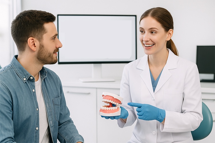 A dentist explaining professional teeth cleaning cost without insurance to a patient using a dental model in a modern clinic