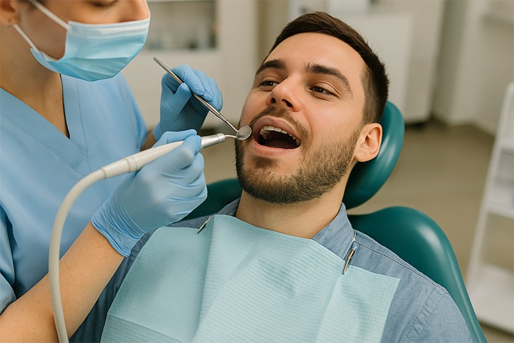 A young man undergoing a dental procedure representing professional teeth cleaning cost without insurance, with a dentist in blue scrubs using specialized tools in a modern clinic.