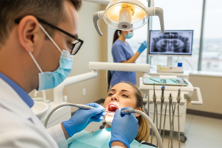 Dentist treating a patient during a dental exam, showing a common scenario related to why my tooth filling hurts after months.