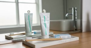 Toothbrush and toothpaste setup illustrating should I brush my teeth before whitening strips for safe whitening preparation