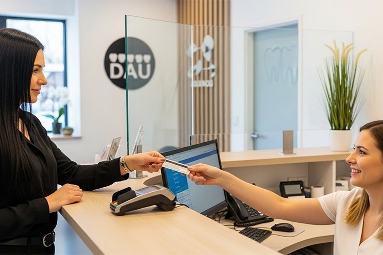 A patient handing a credit card to a receptionist at a dental office to pay for their procedure.
