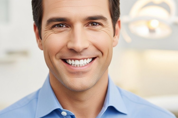 A man with a confident, healthy smile after restorative work, showcasing the value of knowing how much is a dental crown without insurance.