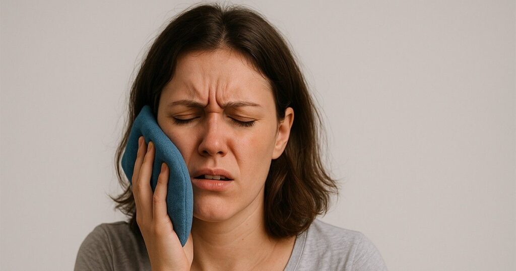Woman with cheek pain using a cold compress