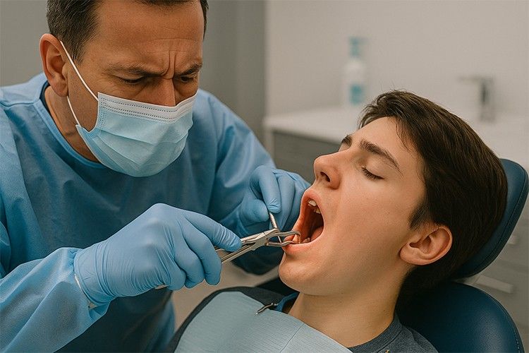 Oral surgeon removing a tooth from a teen patient in a dental clinic