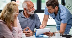 Dentist explaining coverage options to senior patients while reviewing best dental insurance in Toronto.