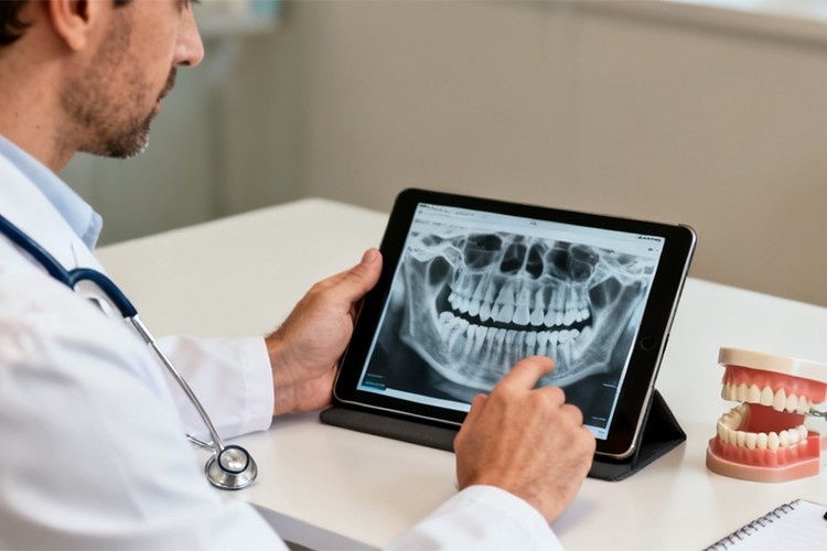 an orthodontist checks a digital x-ray to determine how long does Invisalign treatment take for her