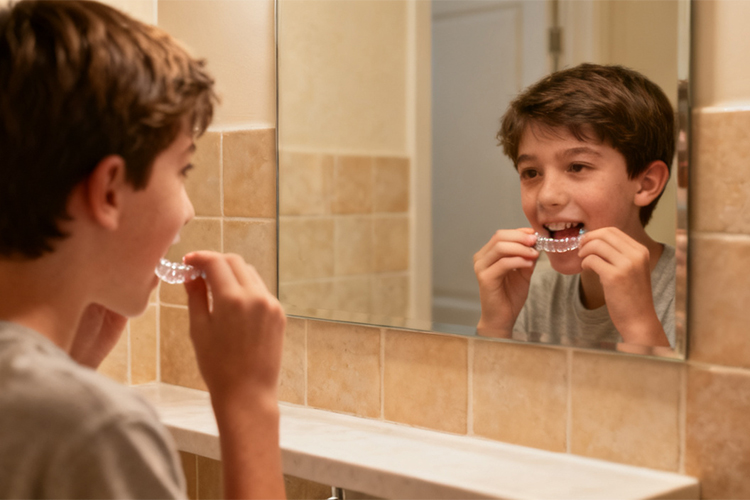 a teenager wears aligners in front of the mirror