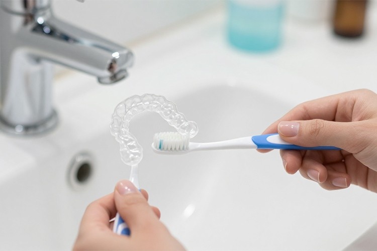 a girl brushes her aligners because she knows how to care for Invisalign aligners