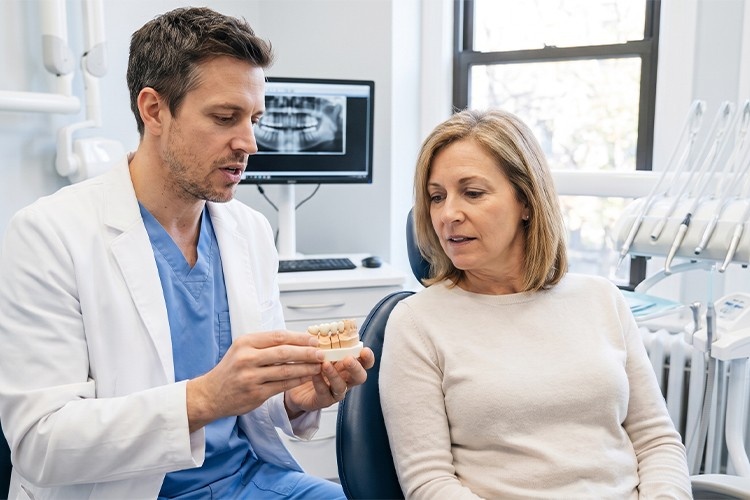 a middle aged patient learn about dental implants vs bridges from her dentists