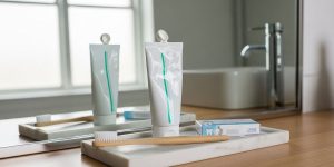 Toothbrush and toothpaste setup illustrating should I brush my teeth before whitening strips for safe whitening preparation