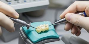 A dental technician using precision instruments to detail a ceramic bridge, illustrating the craftsmanship involved in determining how much is a dental crown without insurance.