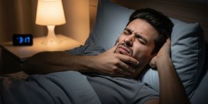 a man suffers from tooth pain while he is in bed